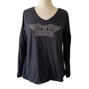 Aerosmith Black Rhinestone Logo Long Sleeve Tee XL Port & Company V-Neck